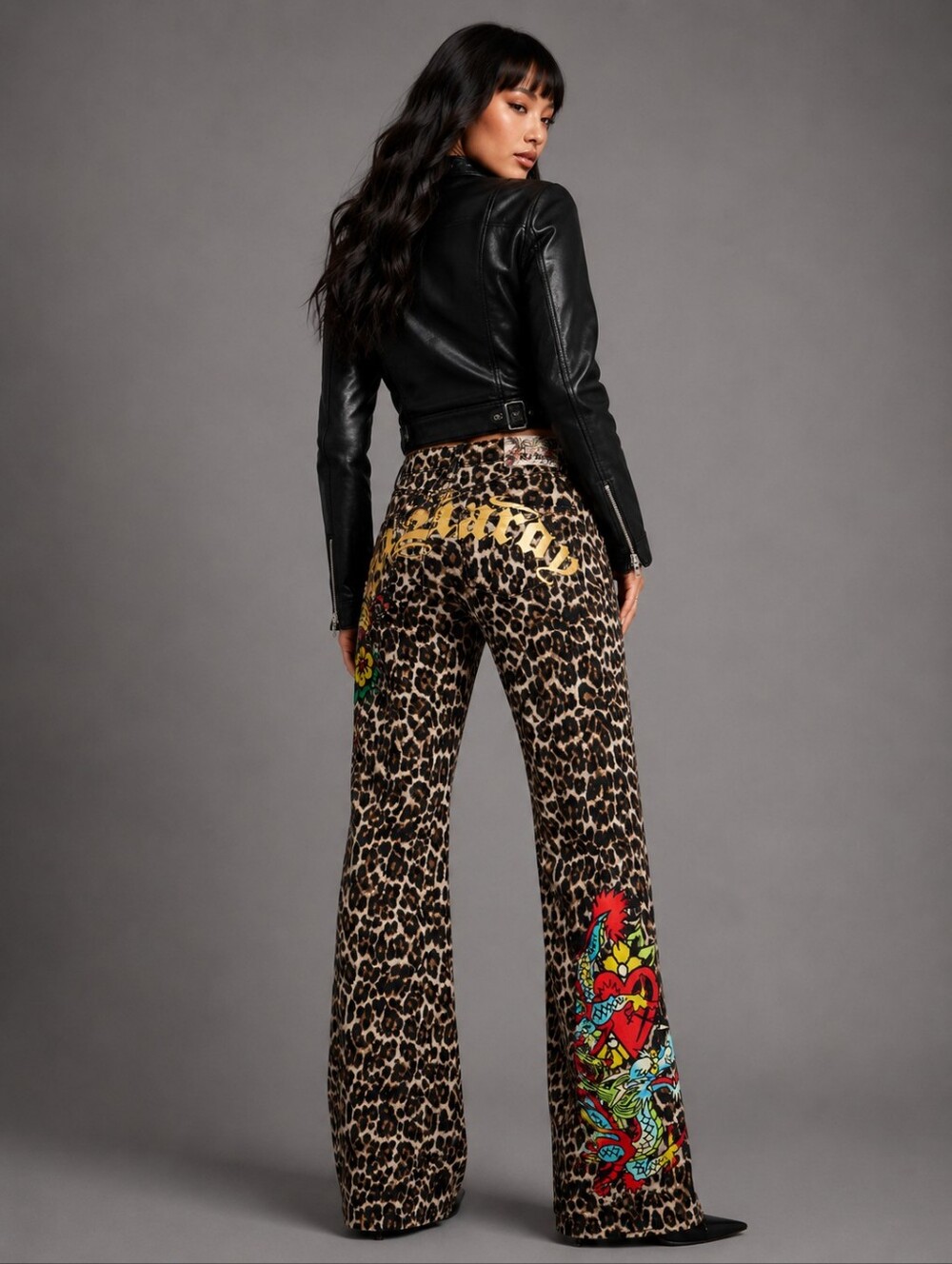 ED HARDY Leopard Bootcut Jeans NWT Gold Logo Heart Dagger Graphic SIZE 30